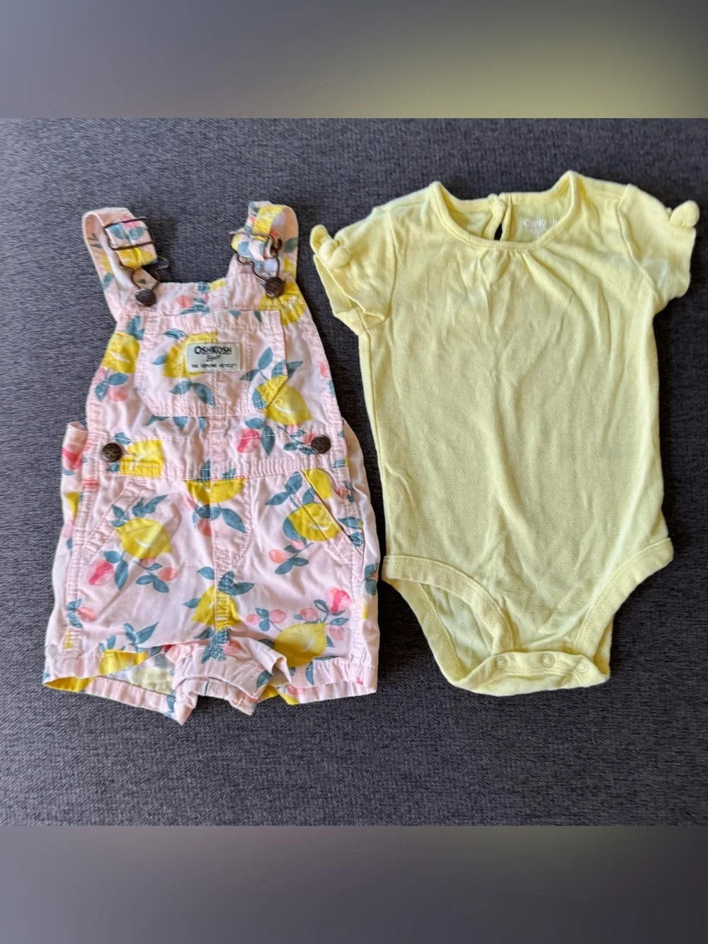 OshKosh Lemon Citrus Pink Overall Shortall Yellow Bodysuit Set Baby Girl 6M